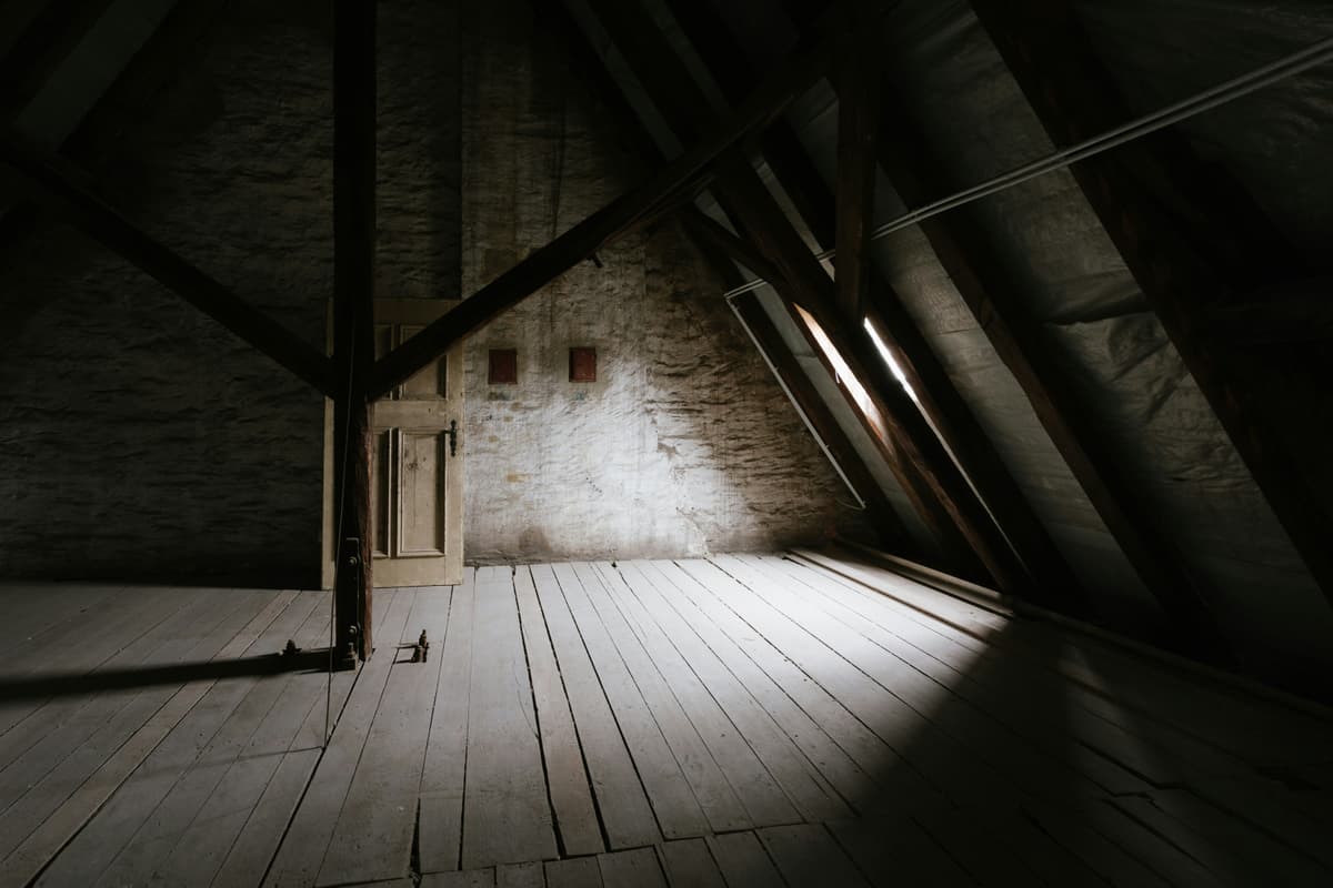 An empty, dimly lit loft with bare floorboards, timber roof beams and a panelled wooden door, lit by daylight from a roof window.